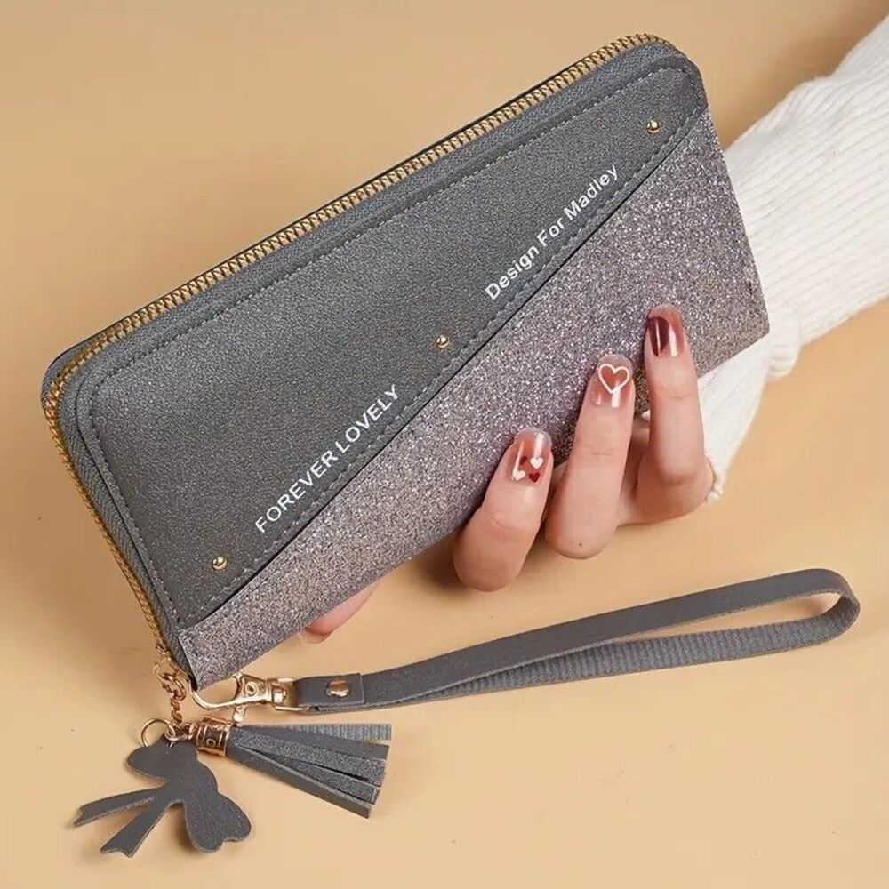 Forever Lovely Design For Madley - Gray Faux Leather Bling Wallet w/Wrist Strap